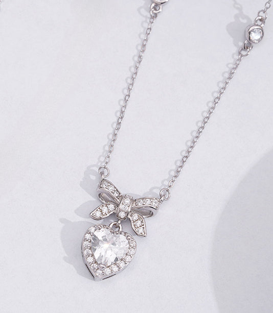 Bowknot Heart Shape Zircon Silver Necklace