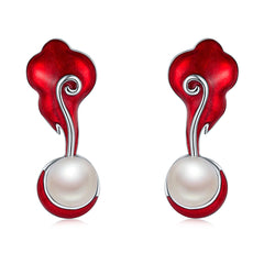 Red Enamel Pearl Drop Earrings