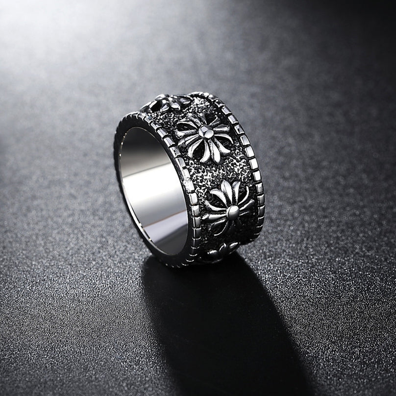 Row of Cross Flower Wide Titanium Steel Ring for Men