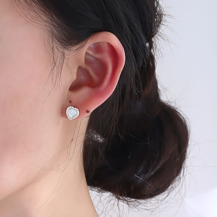 Heart-shaped Mother of Pearl with Zircon Silver Studs Earrings for Women