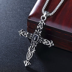 Latin Cross Flower Oval Black Stone Titanium Steel Pendant for Men