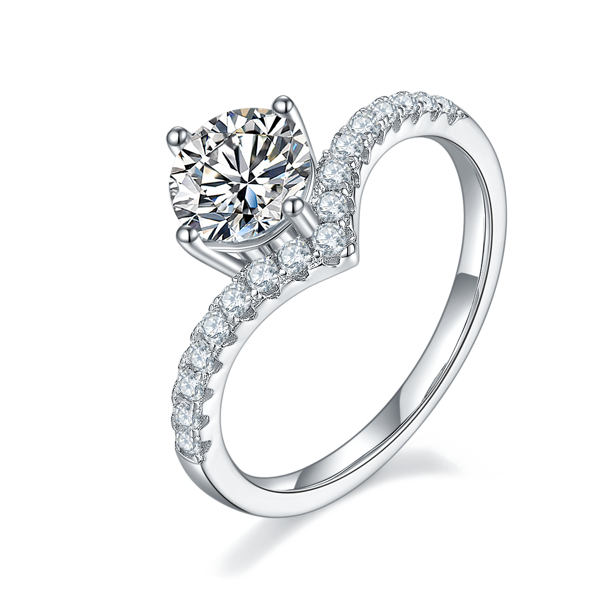 Cathedral 1.0Carat Round Cut Moissanite V-Shape Engagement Ring