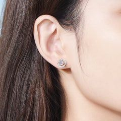 Blue Crystal Feather Circle Silver Studs Earrings  for Women