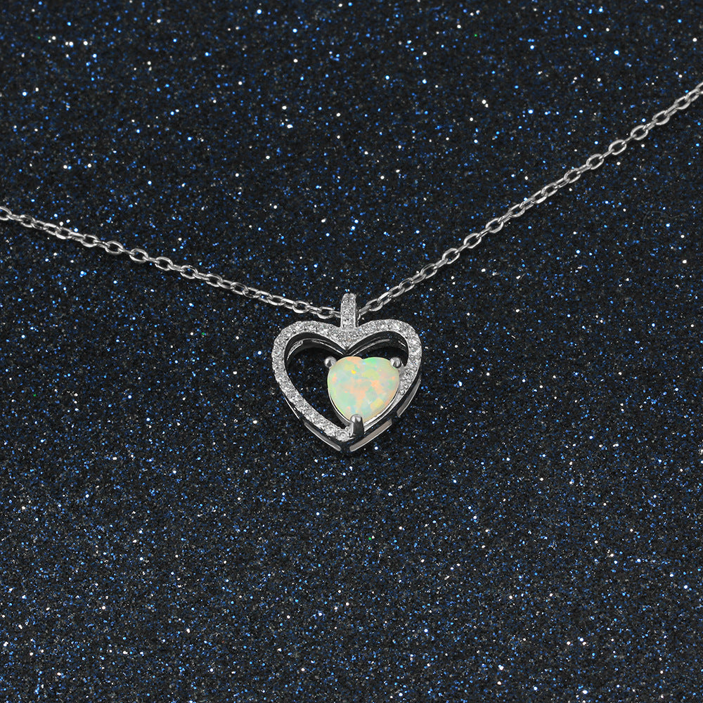 Zircon Hollow Heart Pendant with Heart Shape Opal Sterling Silver Necklace