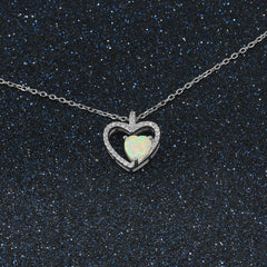 Zircon Hollow Heart Pendant with Heart Shape Opal Sterling Silver Necklace