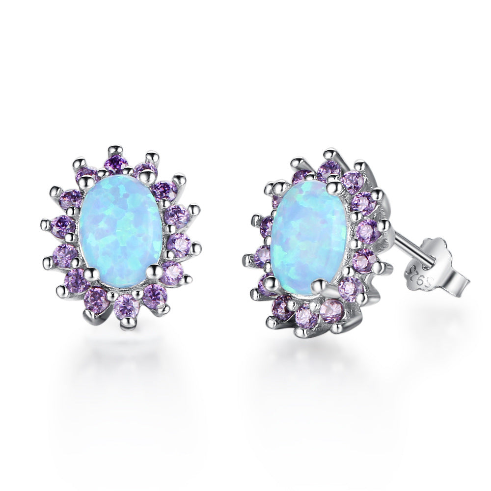 Oval Blue Opal Purple Zircon Halo Sterling Silver Stud Earrings