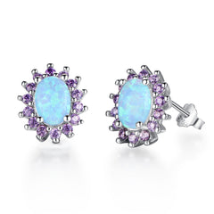 Oval Blue Opal Purple Zircon Halo Sterling Silver Stud Earrings