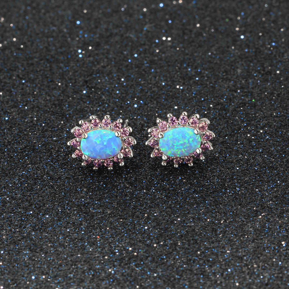 Oval Blue Opal Purple Zircon Halo Sterling Silver Stud Earrings