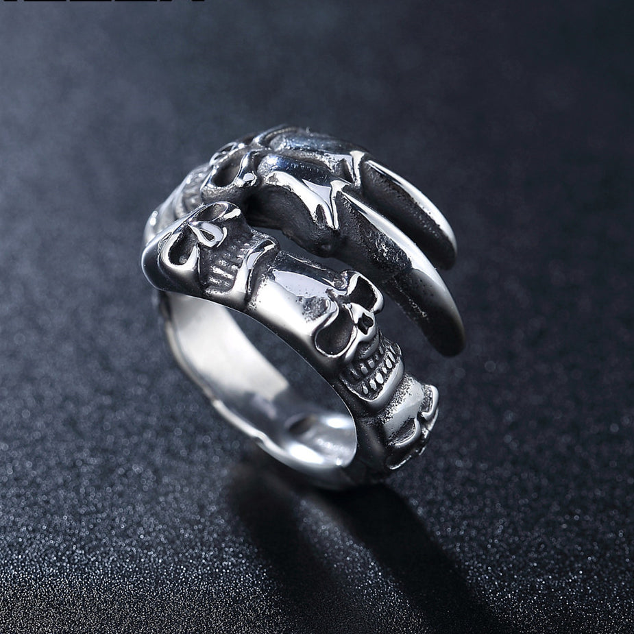 Halloween Double Horned Skull Titanium Steel Ring for Men