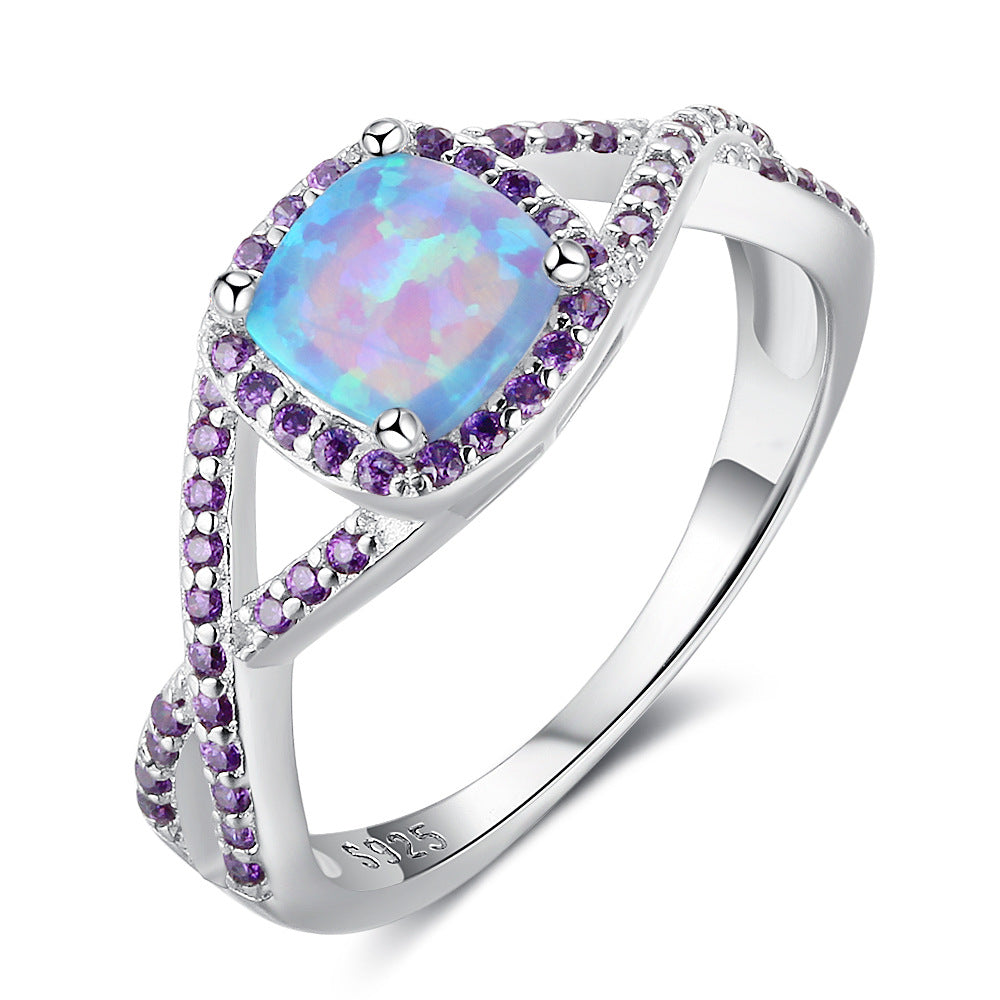 Square Opal Soleste Halo Purple Zircon Sterling Silver Ring