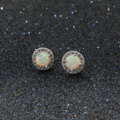 Single Round Opal Zircon Soleste Halo Sterling Silver Stud Earrings