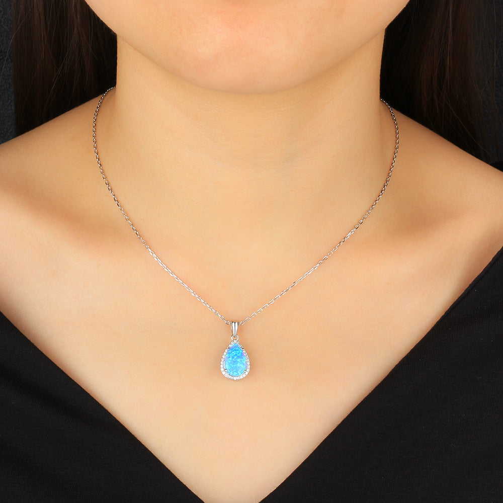 Pear Shape Blue Opal Zircon Soleste Halo Sterling Silver Necklace