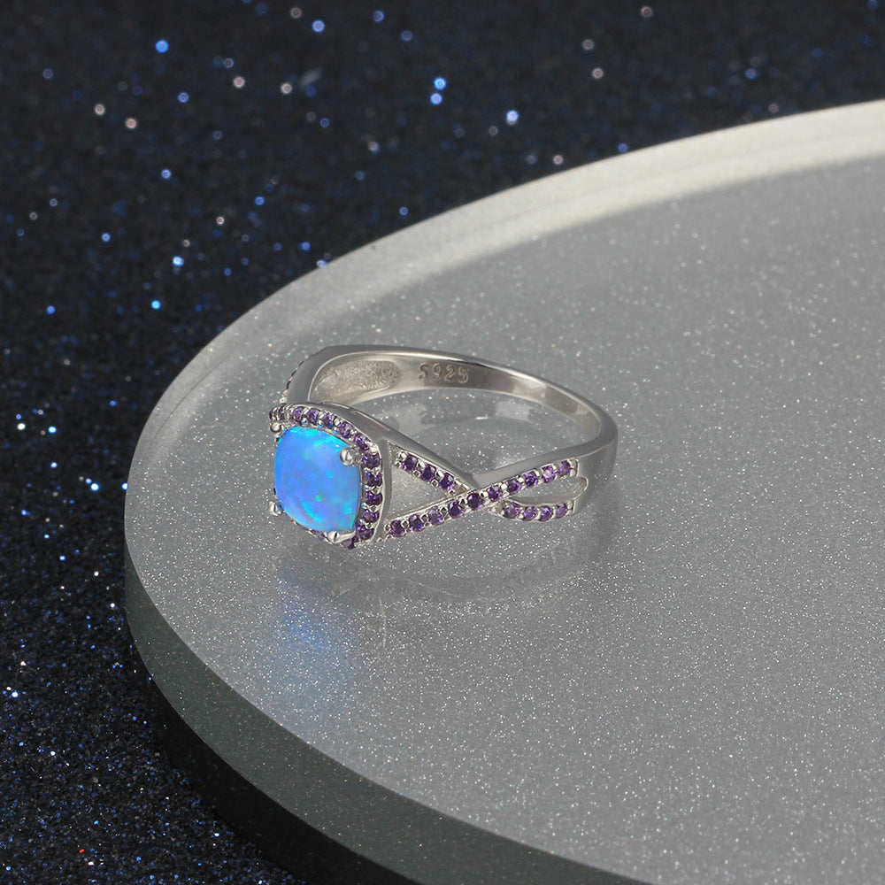 Square Opal Soleste Halo Purple Zircon Sterling Silver Ring