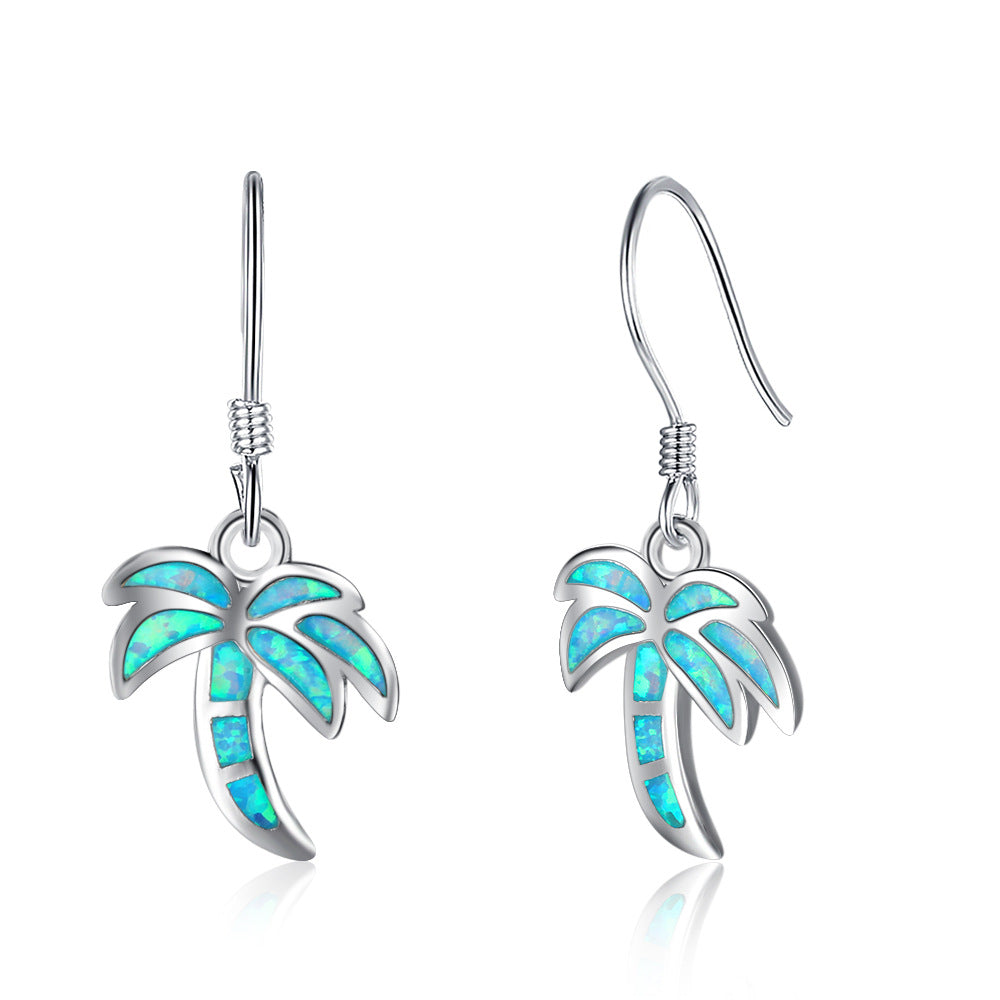 Blue Opal Coconut Tree Pendant Sterling Silver Hook Earrings