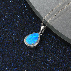 Pear Shape Blue Opal Zircon Soleste Halo Sterling Silver Necklace