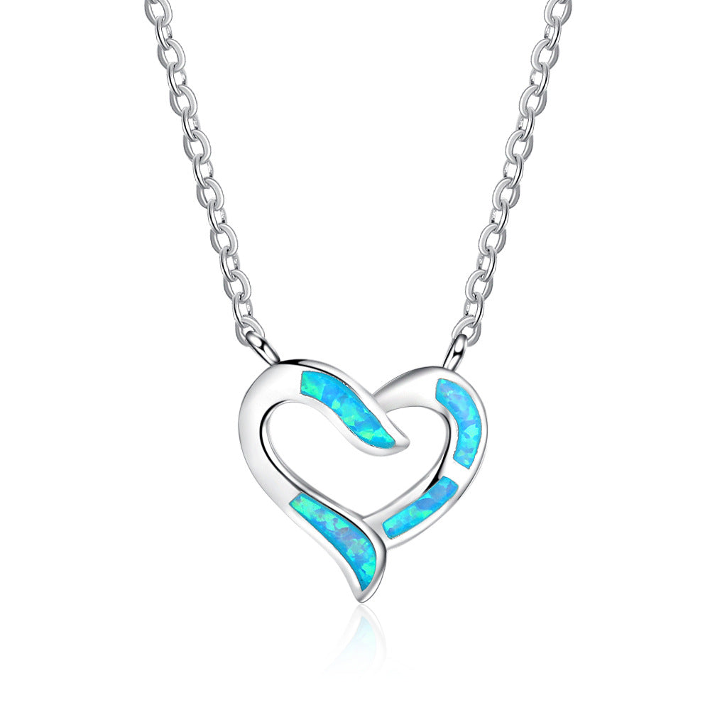 Blue Opal Heart Shap Sterling Silver Necklace