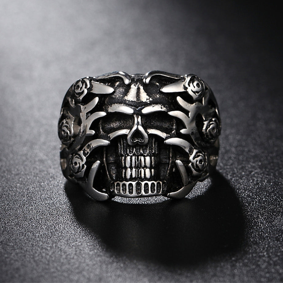 Halloween Rose Skull Titanium Steel Ring for Men