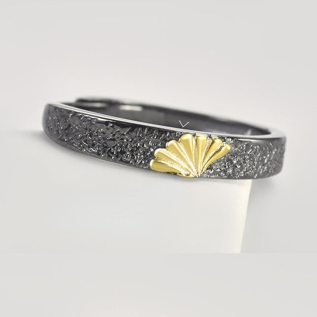 Ginkgo Leaf Pleated Texture Silver Couple Ring for Women