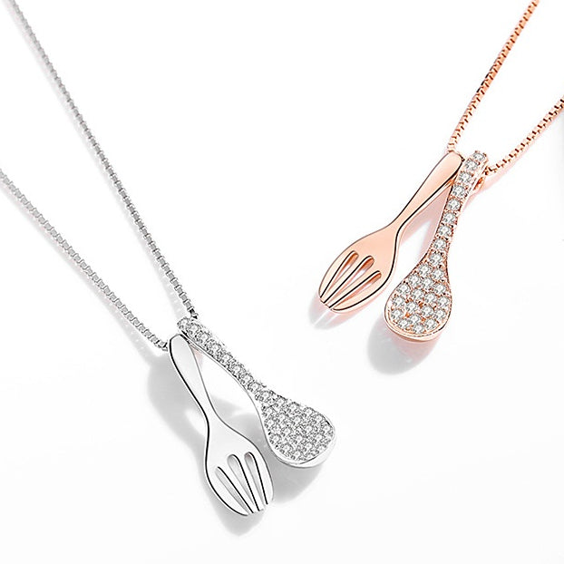 Zircon Spoon Fork Pendant Silver Necklace for Women