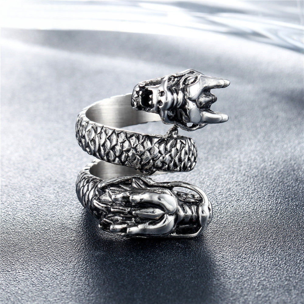 Double Headed Chinese Dragon Titanium Steel Ring for Men