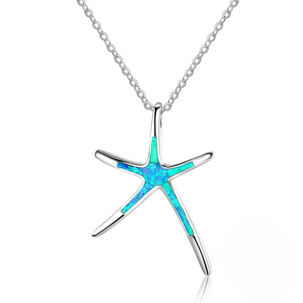 Blue Opal Starfish Pendant Sterling Silver Necklace