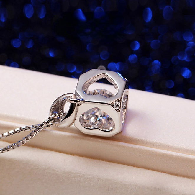 (Pendant Only) Valentine's Day Gift Love Hollow Cube with Zircon Silver Pendant  for Women