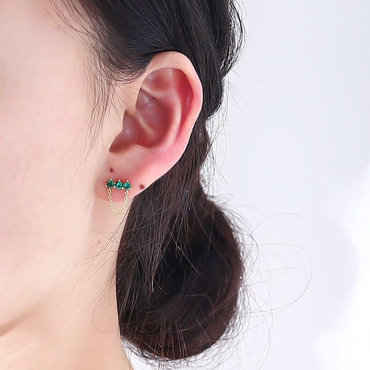 Green Zircon with Tassel Chain Silver Studs Earrings for Women