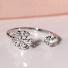 Opening Design Zircon Flowers Silver Ring for Women