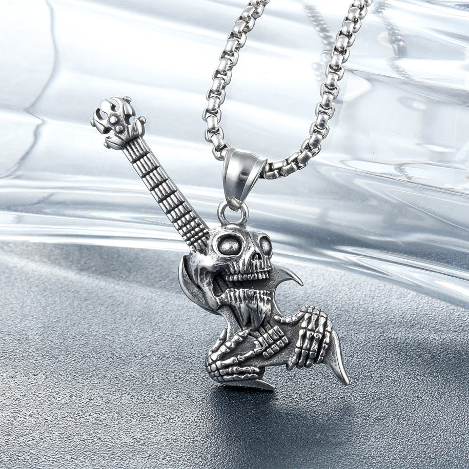 Halloween Skull Electric Guitar Titanium Steel Necklace for Men