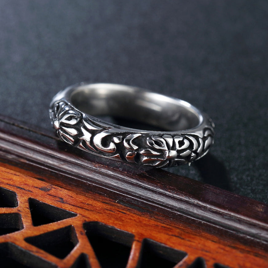 Carved Croix Flower Pattern Titanium Steel Ring for Men