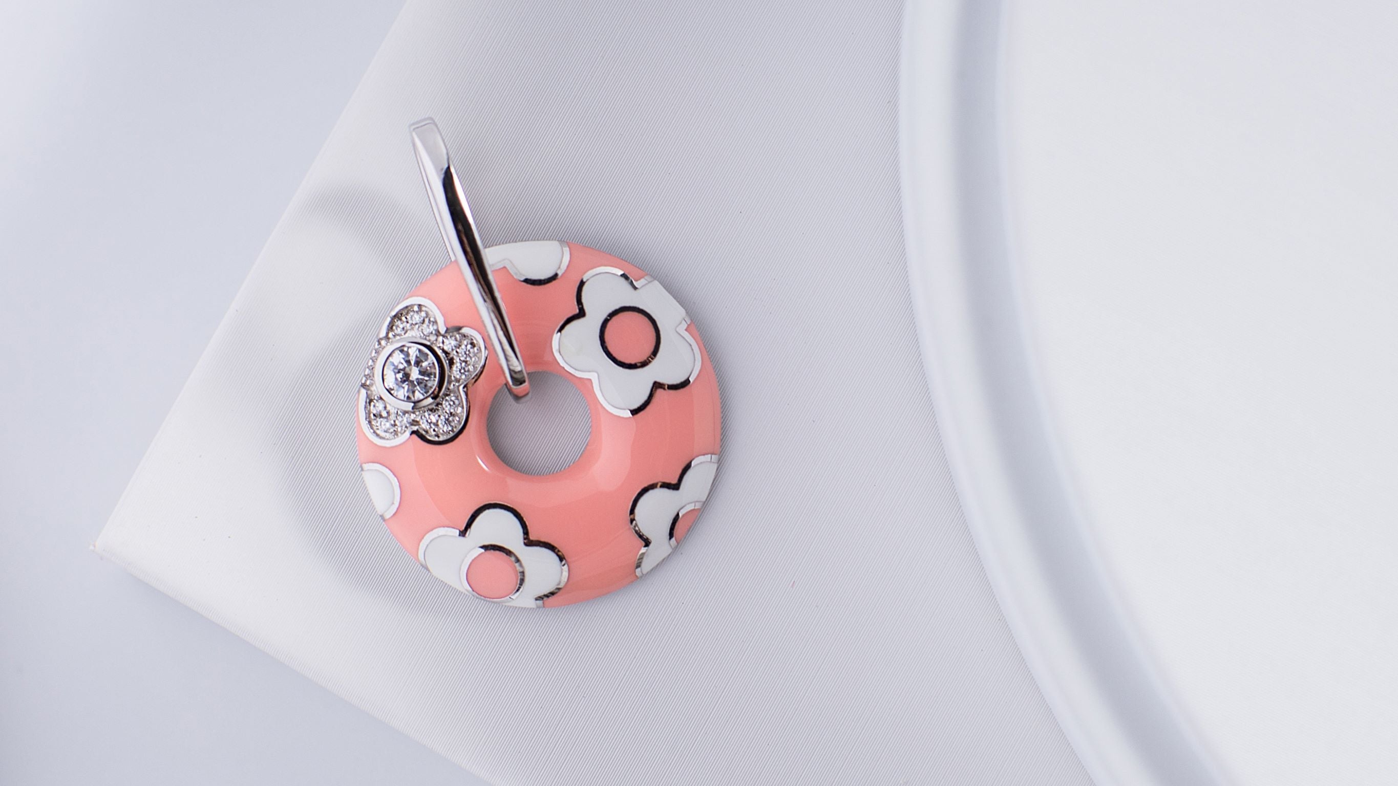 Strawberry Donut Enamel Silver Pendant