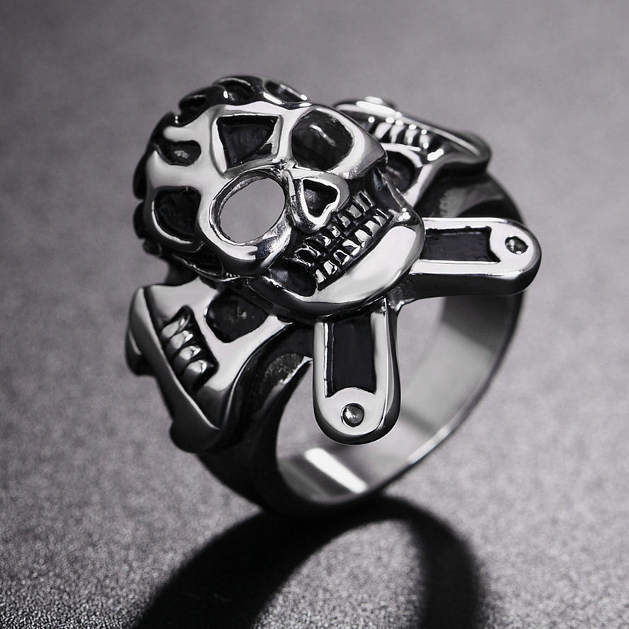 Halloween Motorcycle Wrench Skull Titanium Steel Ring for Men