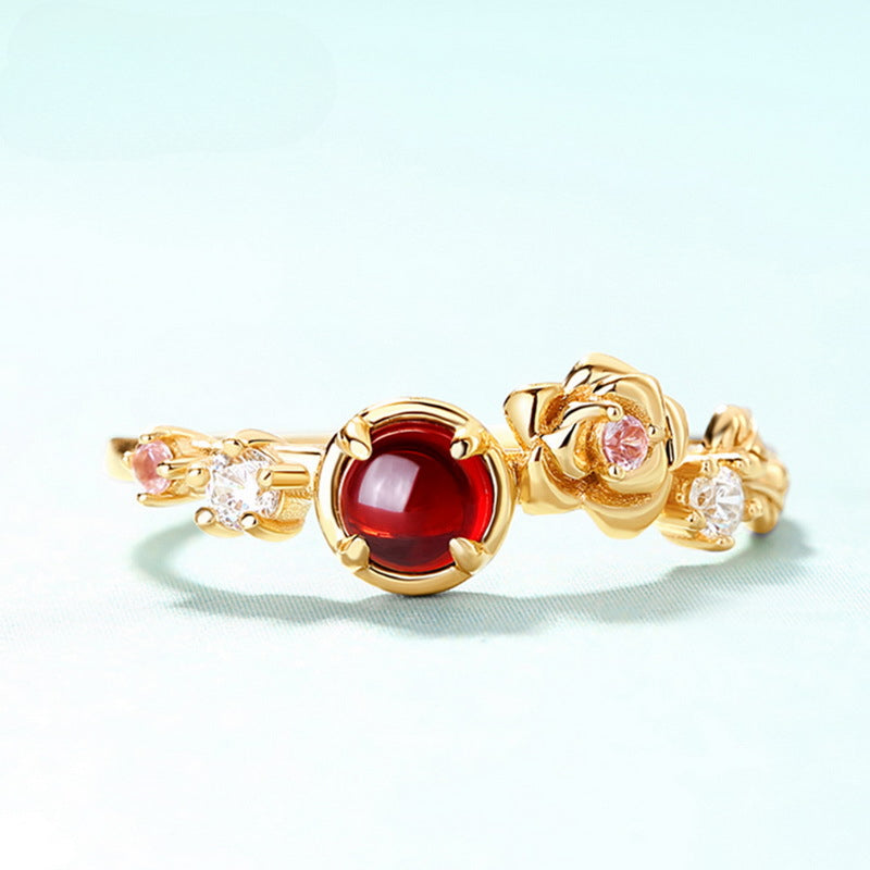 Round Red Garnet Rose Zircon Opeing Sterling Silver Ring