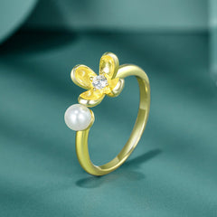 Laurel Flower Pearl Zircon Sterling Silver Ring