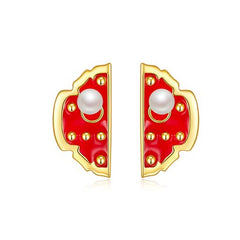Forbidden City Gate Pearl Enamel Stud Earrings