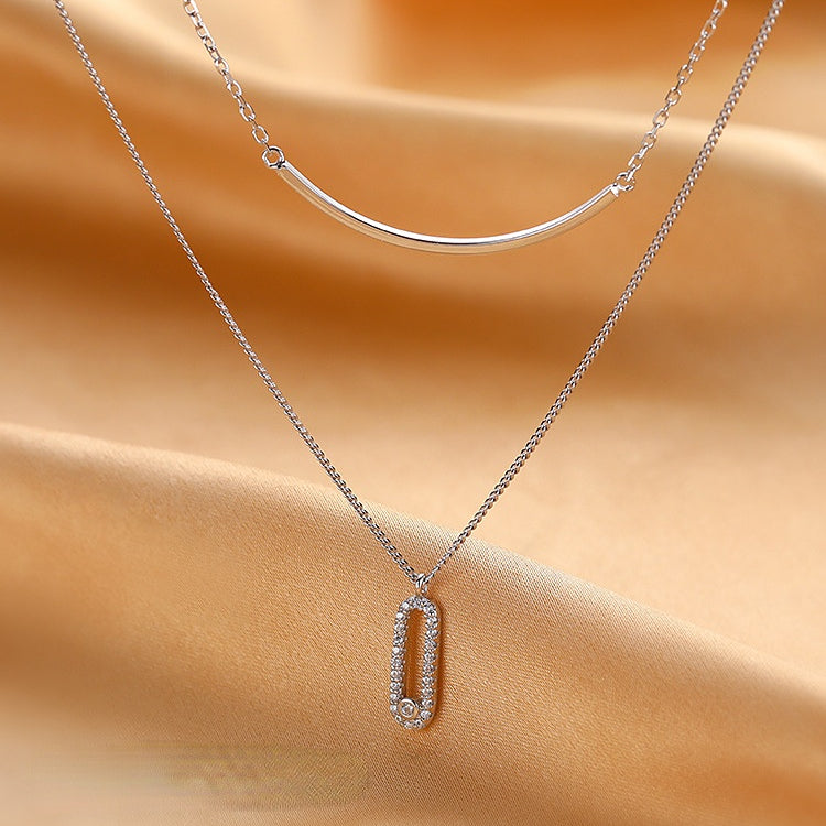 Stylish Zircon Oval Shape Double Layers Silver Necklace for Women