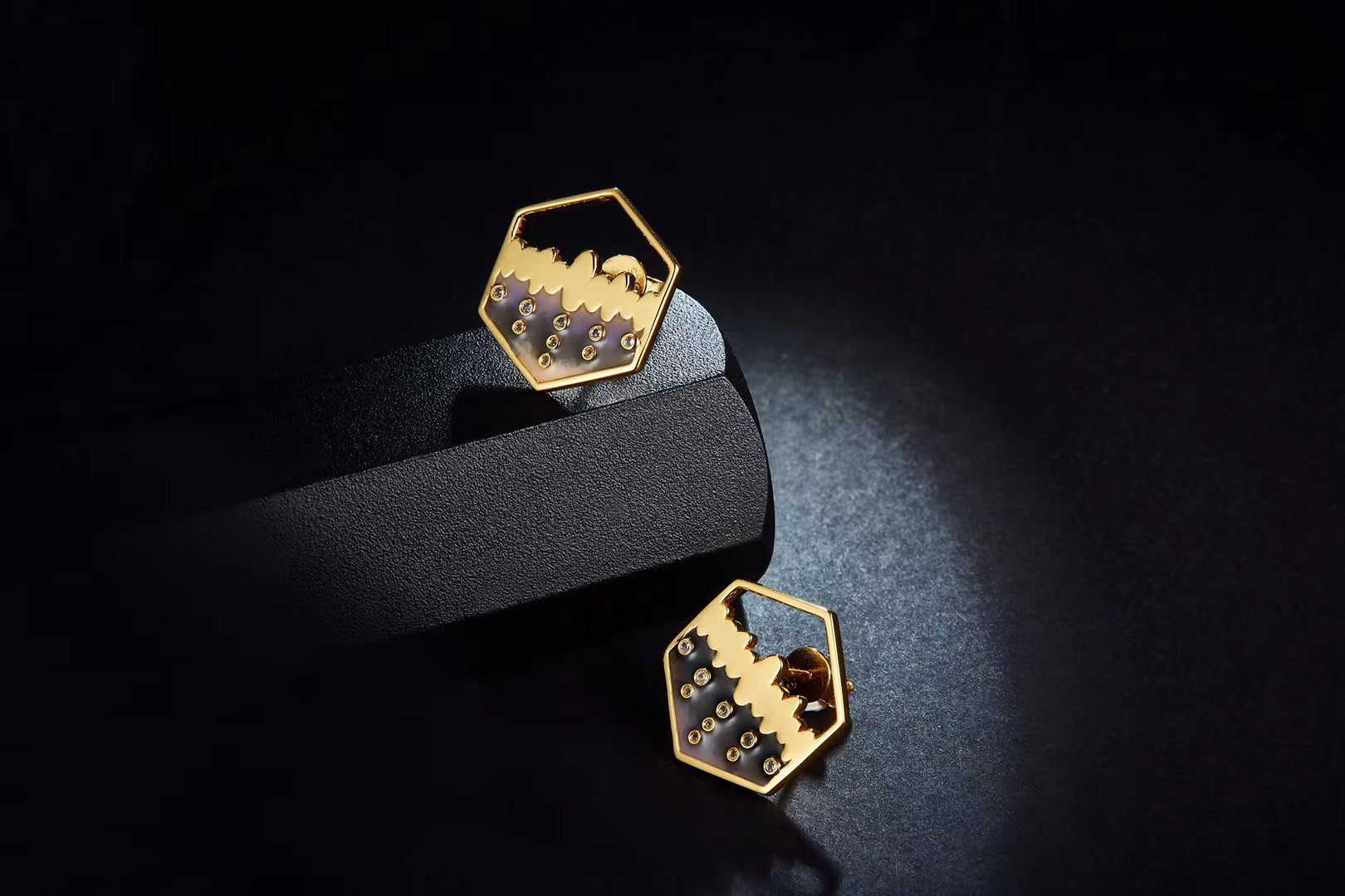 Golden Enamel Hexagon Stud Earrings