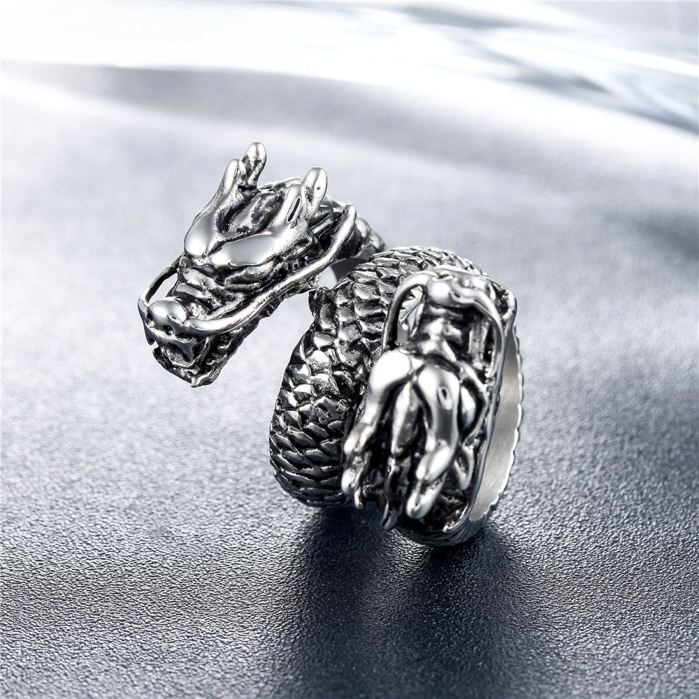 Double Headed Chinese Dragon Titanium Steel Ring for Men