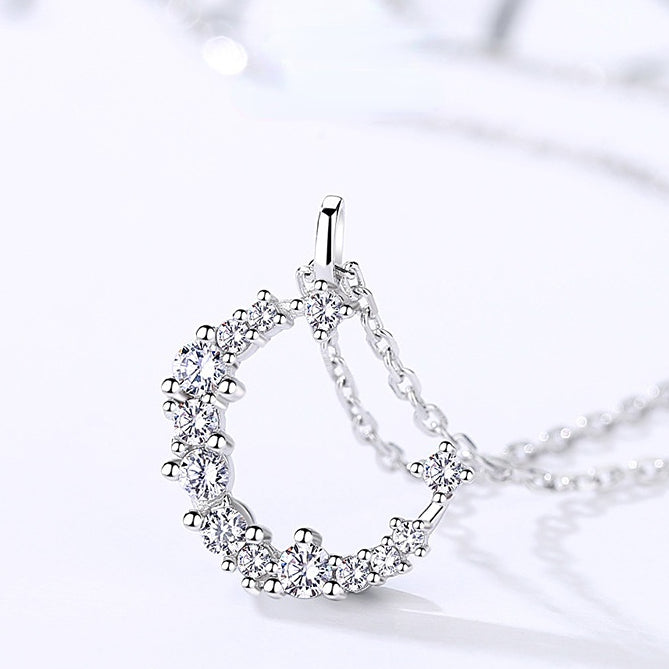 Irregular Full Zircon Moon Pendant Silver Necklace for Women