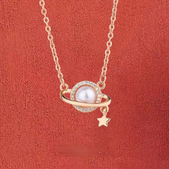 Pearl Saturn Pendant Silver Necklace for Women