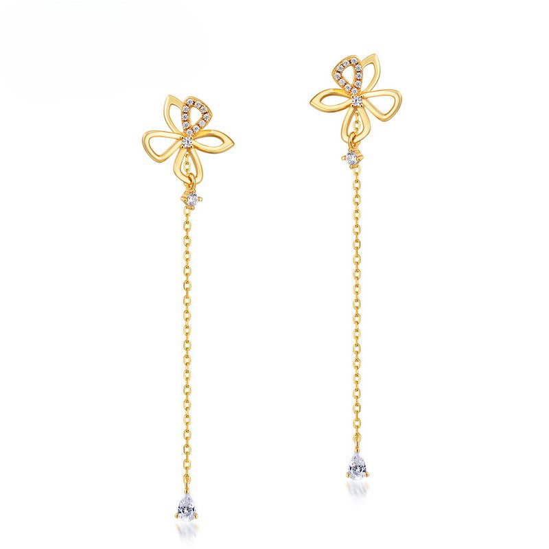 Butterfly Flower Long Tassel Zircon Sterling Silver Drop Earrings