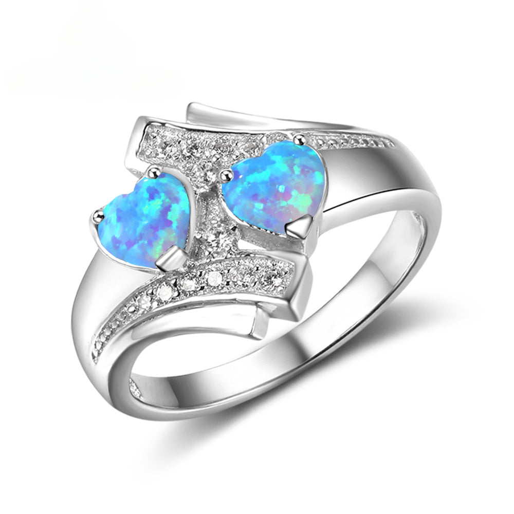 Two Heart Blue Opal with Zircon Embrace Arm Sterling Silver Ring