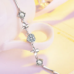 Heart Zircon Lucky Clover Silver Bracelet for Women