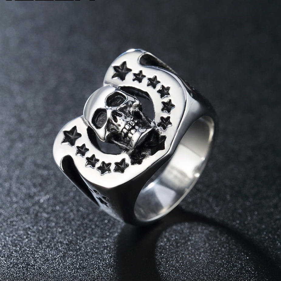 Halloween Five Star Horseshoe Skull Titanium Ring for Men