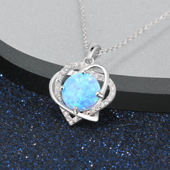 Round Blue Opal Double Heart Shape Zircon Sterling Silver Necklace