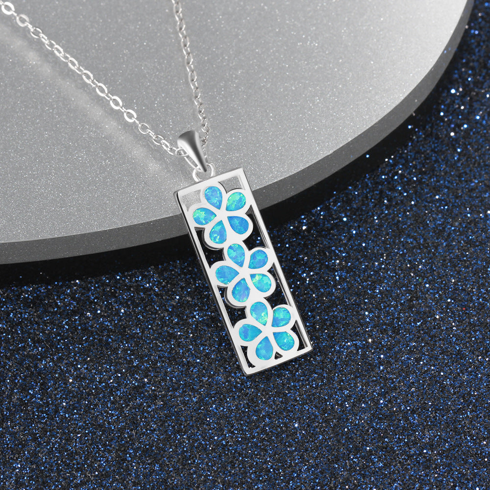 Three Blue Opal Flower Rectangle Pendant Sterling Silver Necklace