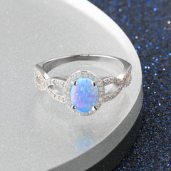 Oval Opal Soleste Halo Zircon Wave Split Shank Sterling Silver Ring