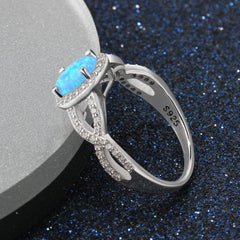 Oval Opal Soleste Halo Zircon Wave Split Shank Sterling Silver Ring