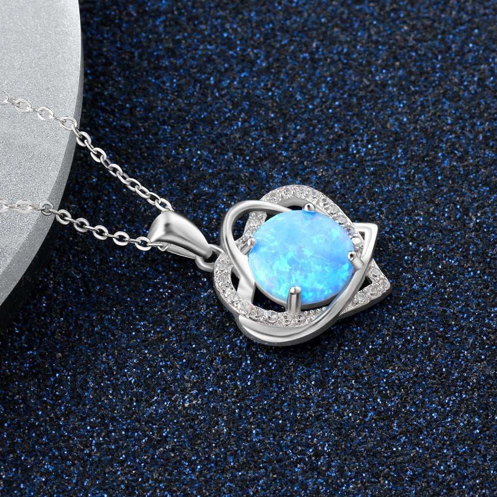 Round Blue Opal Double Heart Shape Zircon Sterling Silver Necklace