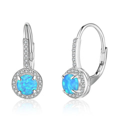 Blue Round Opal Zircon Soleste Halo Sterling Silver Hoop Earrings